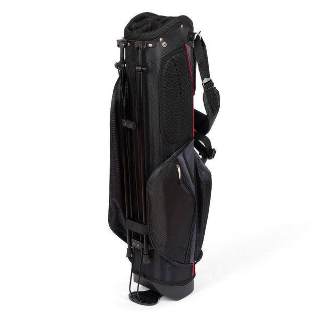 Black golf bag with red accents on a white background