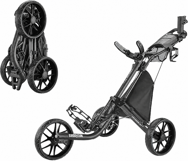 Caddytek Push Cart 3 Wheel with Foot Brake 1-Second Fold/Unfold, Adjustable Handle, Umbrella Holder, Beverage Compartment & Storage, Lightweight Aircraft-Grade Aluminum Frame Black