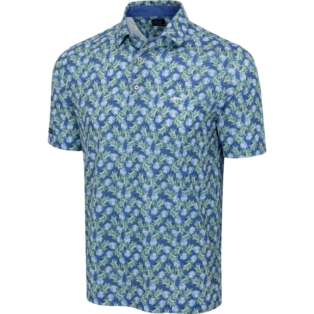 Blue floral patterned polo shirt on a white background
