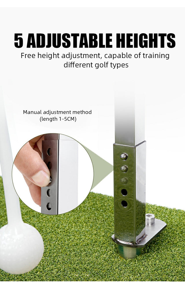 Golf training aid with adjustable height feature on a grass background