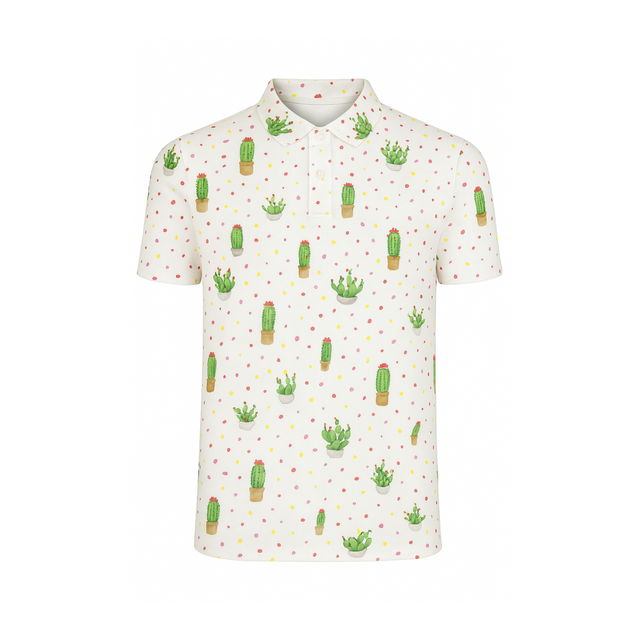 Men's Stretchable Cactus Print Golf Polo - White