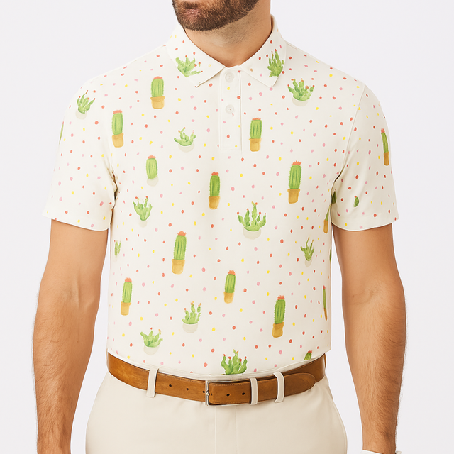 Men's Stretchable Cactus Print Golf Polo - White