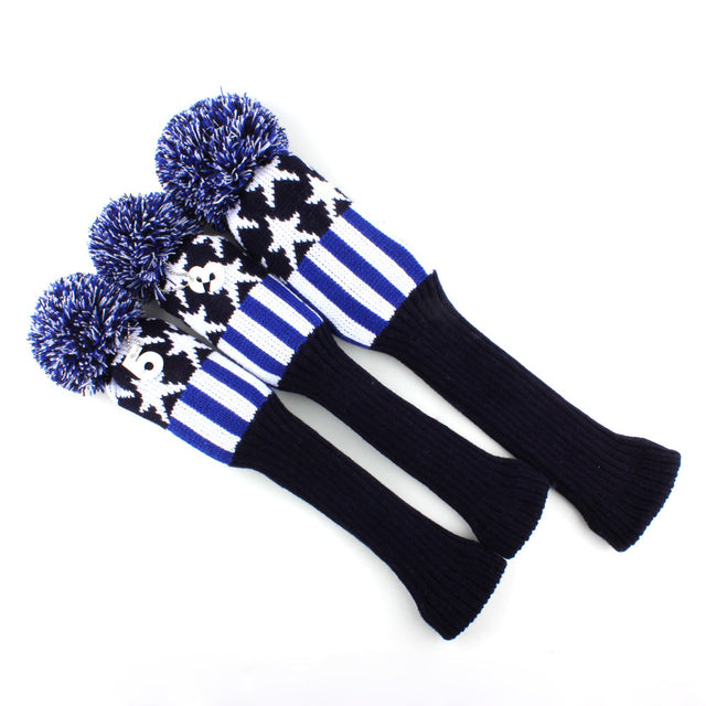 Blue & White Star Golf Headcovers – 3-Piece Knitted Set