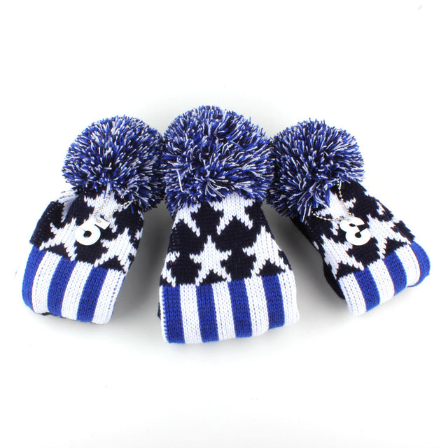 Blue & White Star Golf Headcovers – 3-Piece Knitted Set