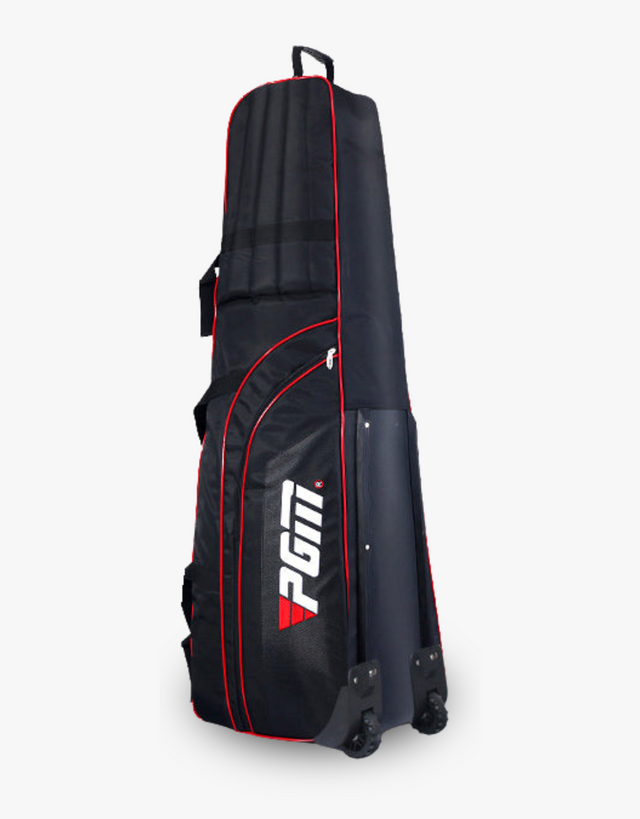 A blue and white golf waterproof lightweight bag travel case bag with wheels and a telescopic handle, covered in a protective travel cover.