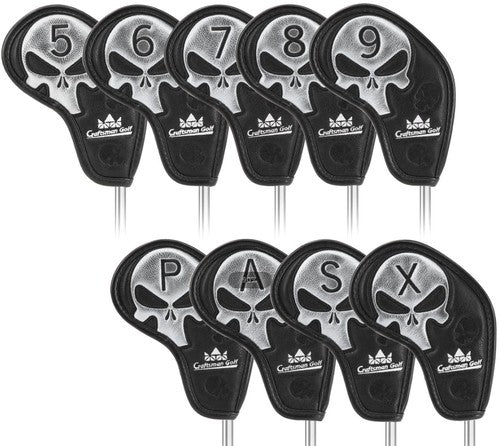 Black PU Silver Skull Golf Iron Headcovers – 9-Piece Set