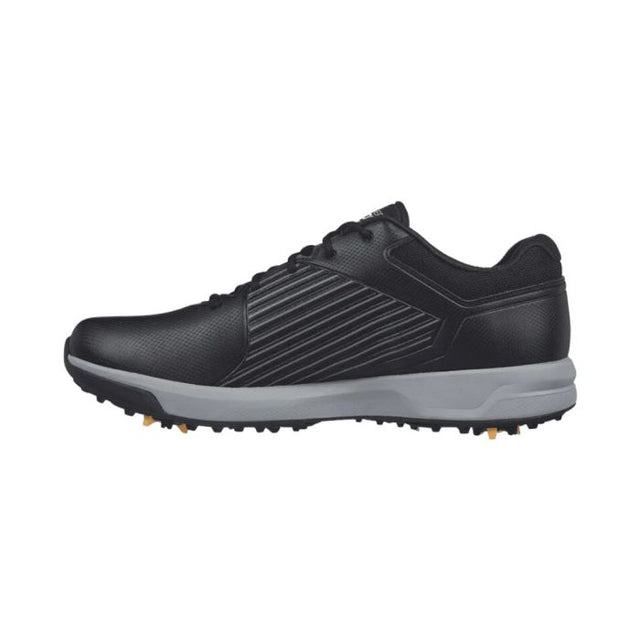 SkechersBlack golf shoe with a white sole on a white background