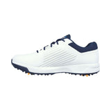 White golf shoe with blue accents on a white background
