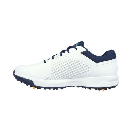 White golf shoe with blue accents on a white background