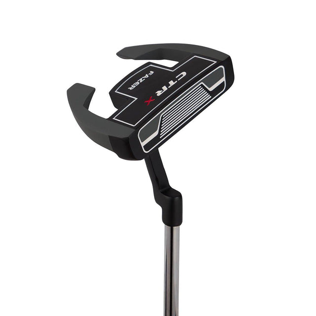 Golf putter with black and silver design on a white background