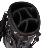 Close-up of a black golf bag with a white background