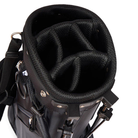 Close-up of a black golf bag with a white background