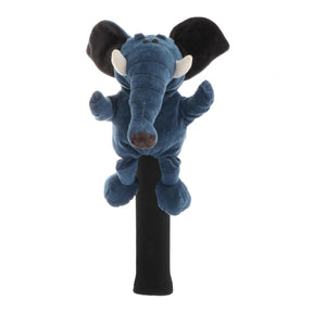 Blue elephant Golf Headcover for driverplush toy on a black stick against a white background