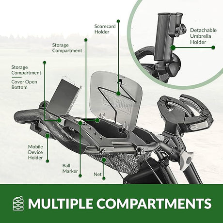 Caddytek Push Cart 3 Wheel with Foot Brake 1-Second Fold/Unfold, Adjustable Handle, Umbrella Holder, Beverage Compartment & Storage, Lightweight Aircraft-Grade Aluminum Frame Black
