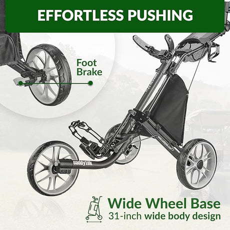 Caddytek Push Cart 3 Wheel with Foot Brake 1-Second Fold/Unfold, Adjustable Handle, Umbrella Holder, Beverage Compartment & Storage, Lightweight Aircraft-Grade Aluminum Frame Black