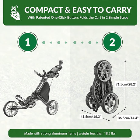 Caddytek Push Cart 3 Wheel with Foot Brake 1-Second Fold/Unfold, Adjustable Handle, Umbrella Holder, Beverage Compartment & Storage, Lightweight Aircraft-Grade Aluminum Frame Black