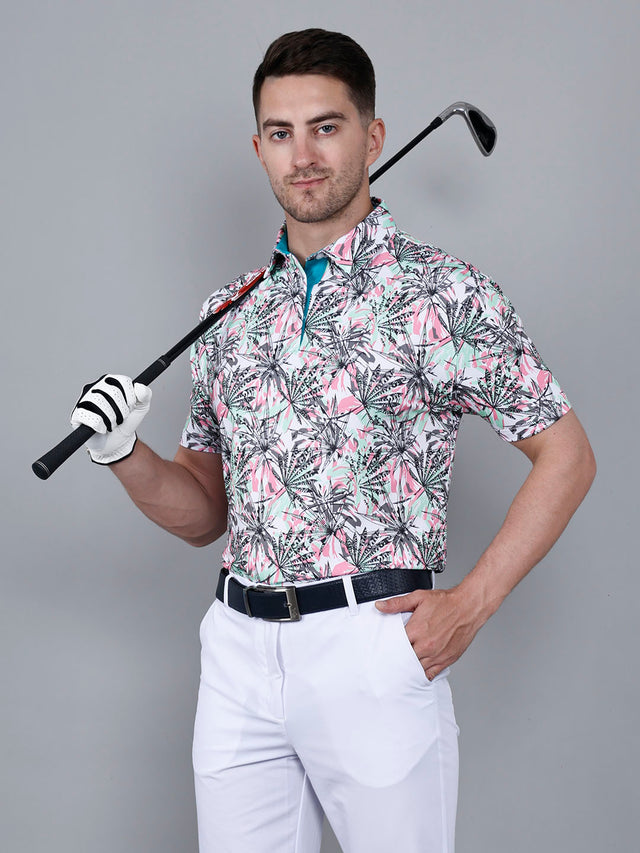 Men's Leaf Multicolor Printed Golf Polo T Shirt