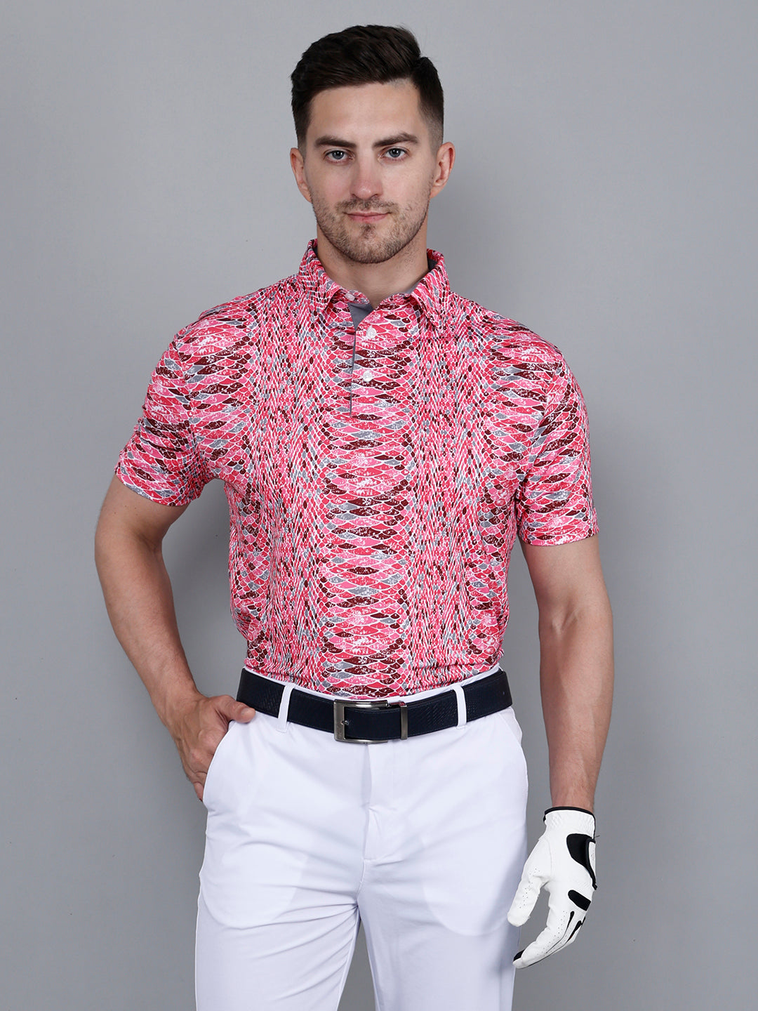 Dark Pink Printed Golf Polo T shirt