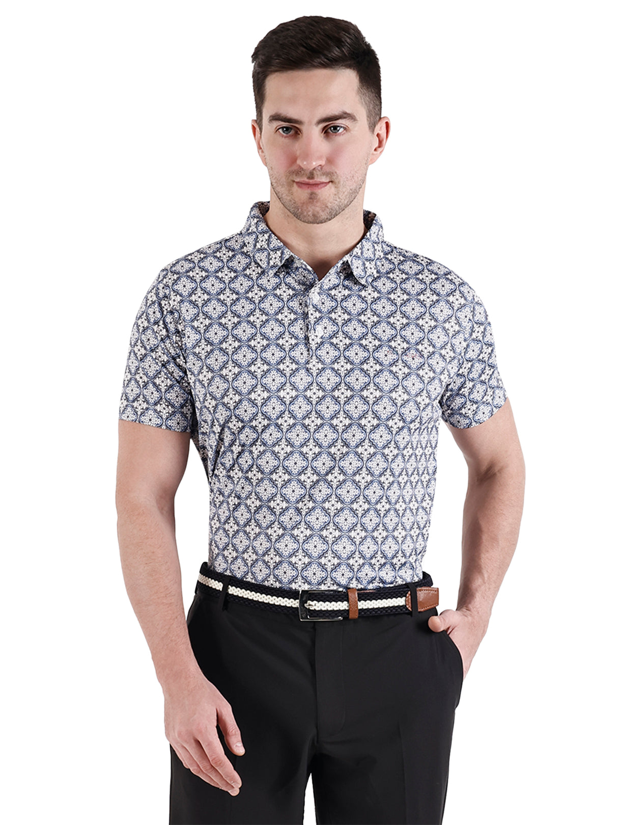 Men's White Blue  printed Golf Polo T Shirt