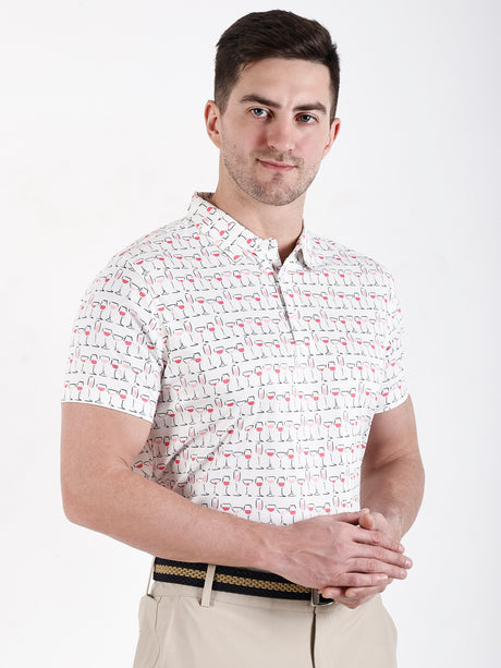 Men's White  Printed Golf Polo T Shirt