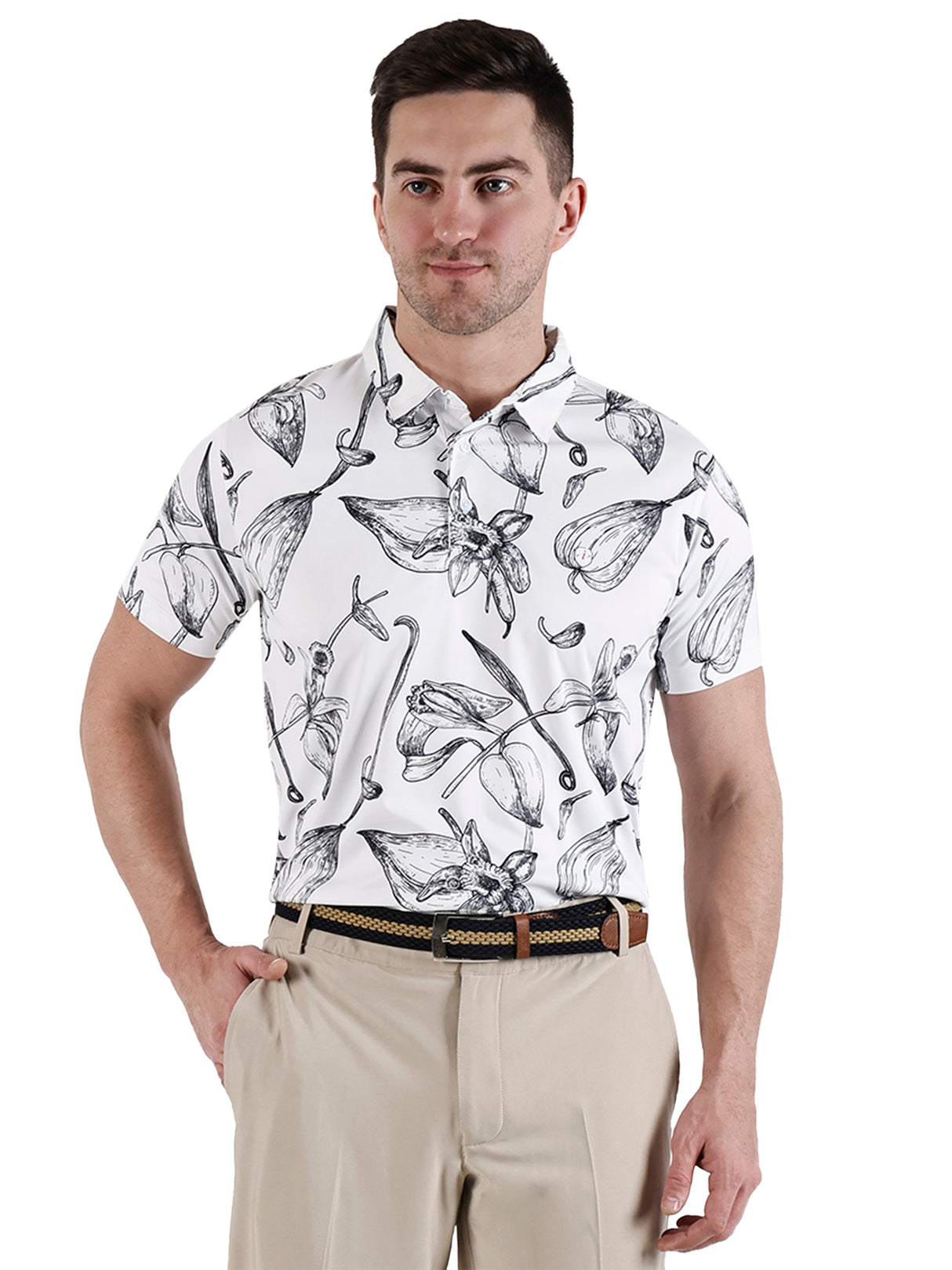 Men's White Flower Printed Polo T Shirt