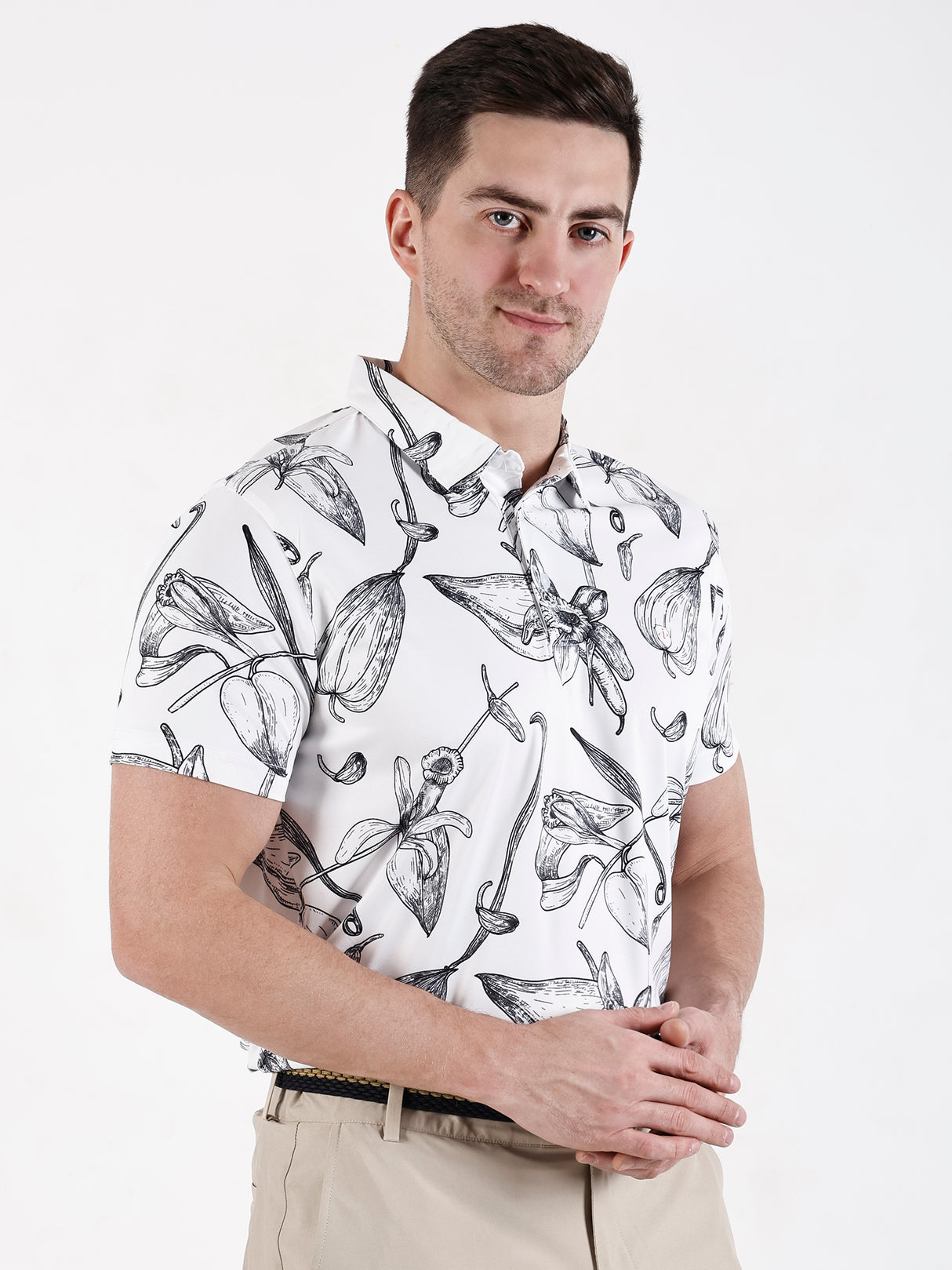 Men's White Flower Printed Polo T Shirt