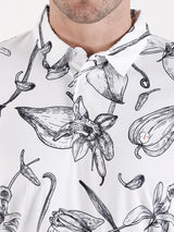 Men's White Flower Printed Polo T Shirt