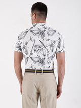 Men's White Flower Printed Polo T Shirt