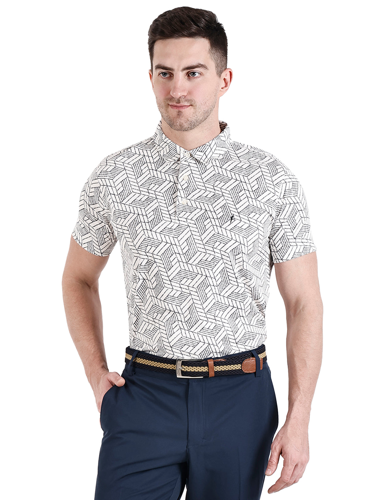 Men's White Grey Printed Golf Polo T Shirt