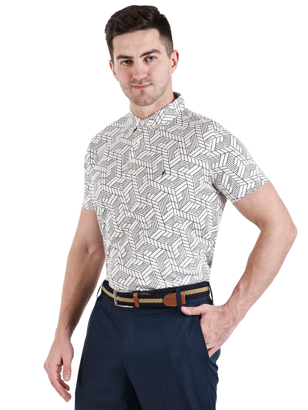 Men's White Grey Printed Golf Polo T Shirt