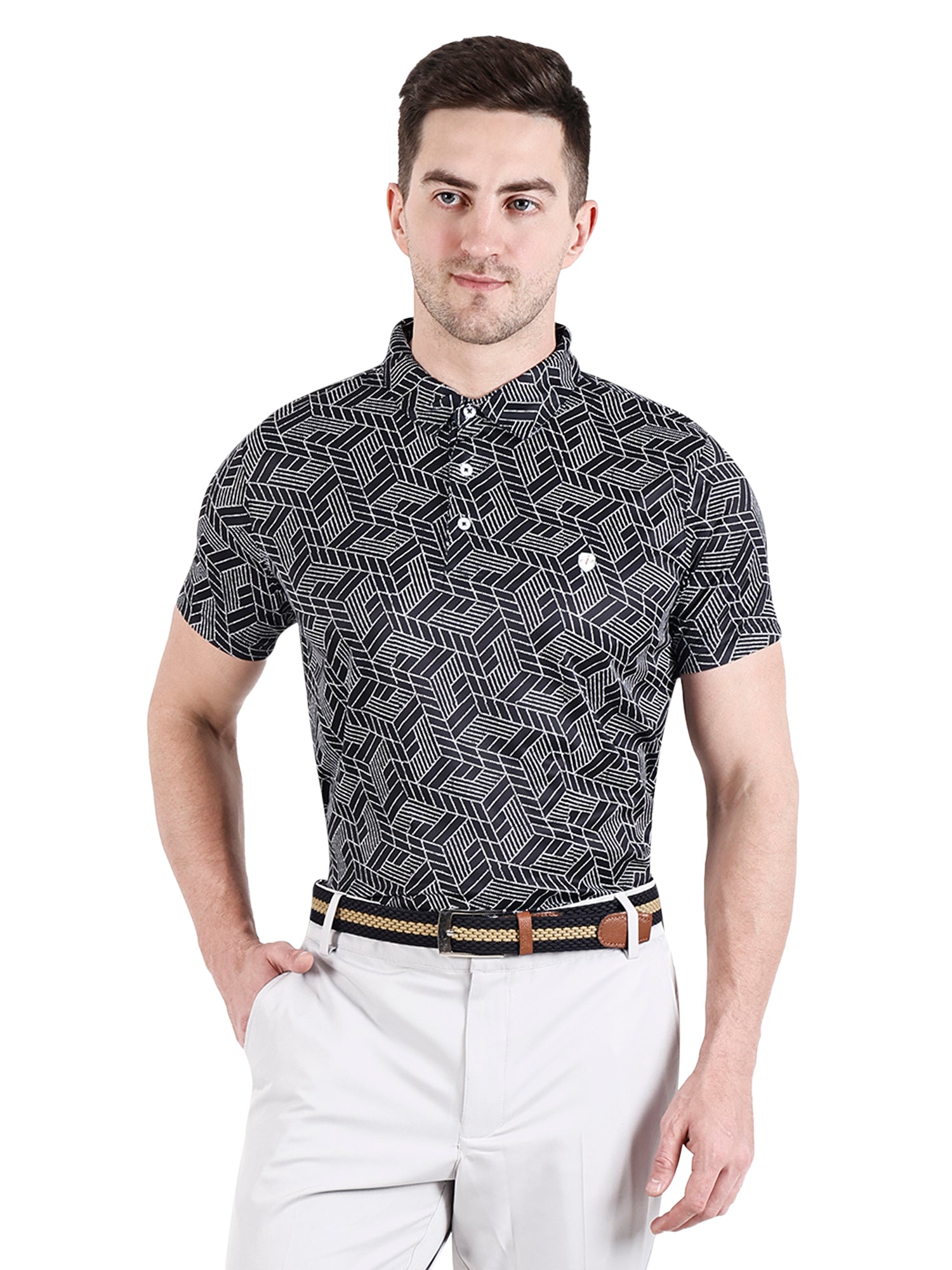 Men's white Navy Printed Golf Polo T Shirt1