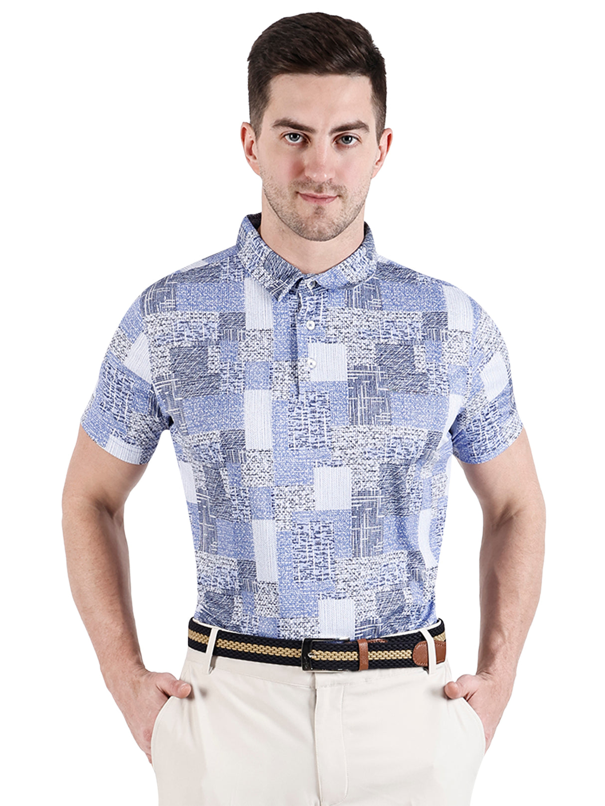 Men's Light Blue White Printed Golf Polo T Shirt