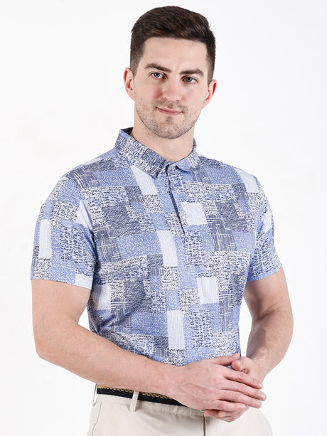 Men's Light Blue White Printed Golf Polo T Shirt