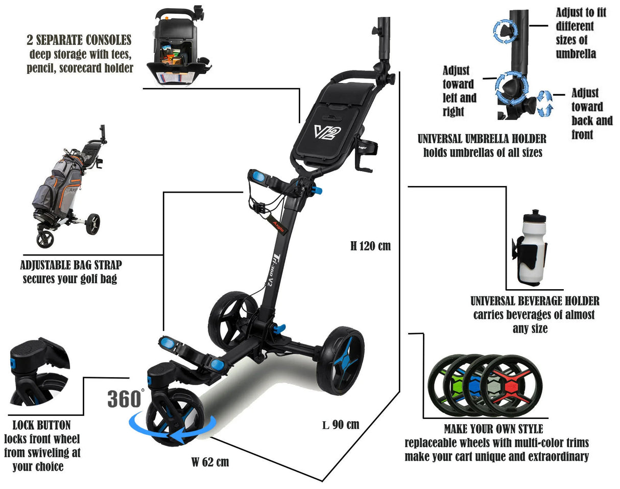Tri-360 V2 Three Wheel Ultra Compact Foldable Golf Trolley - Black Grey