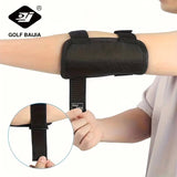 A black golf bajia arm support brace shown being worn on a person's upper arm, with a hand adjusting the strap and a circular inset showing the strap detail. The brand logo 'GOLF BAJIA' is visible in the top left.