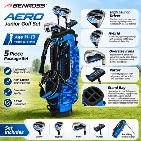 Benross Junior Aero Age 11-13 Blue 55-61 Inch 5 Piece Golf Stand Bag Package Set
