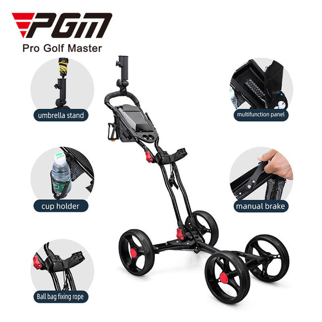 Foldable Push Golf Trolley Four Wheel Manual Golf trolley With Umbrella Stand