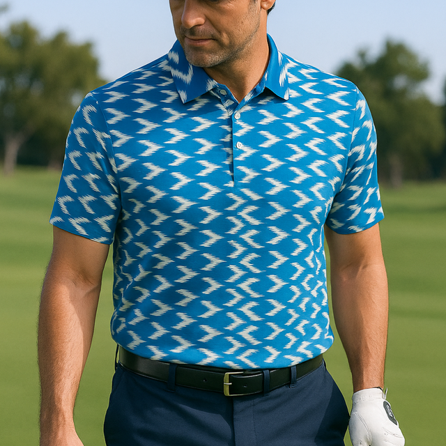 Men's Stretchable Abstract Print Golf Polo - Blue