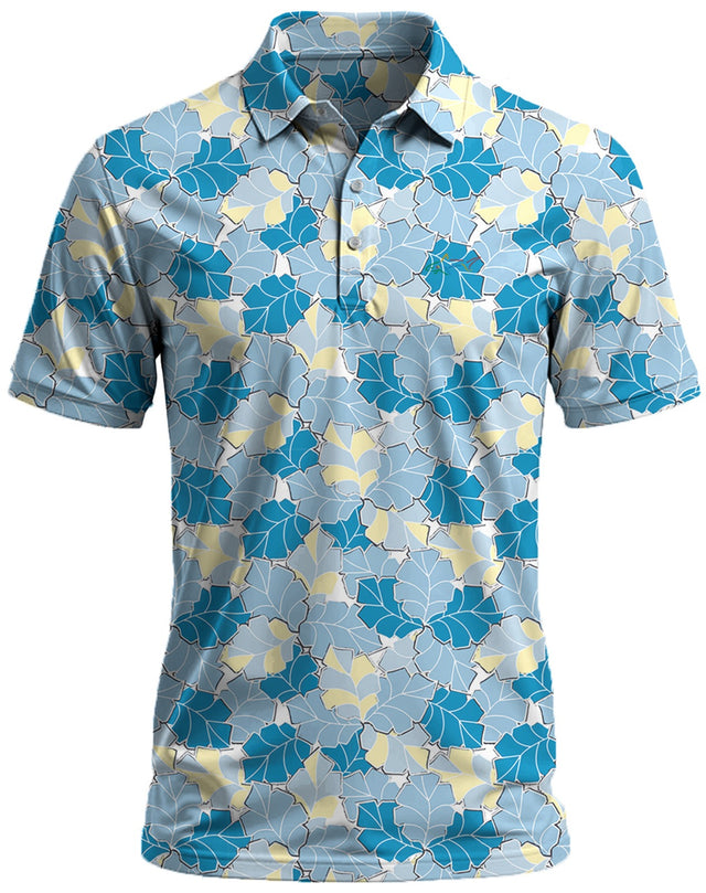 Men’s Golf Polo – Tropical Blue & Yellow Leaves