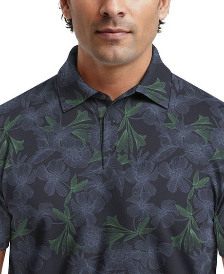 Linear Botanical Print Short Sleeve Golf Polo Shirt