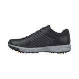 SkechersBlack golf shoe with a white sole on a white background